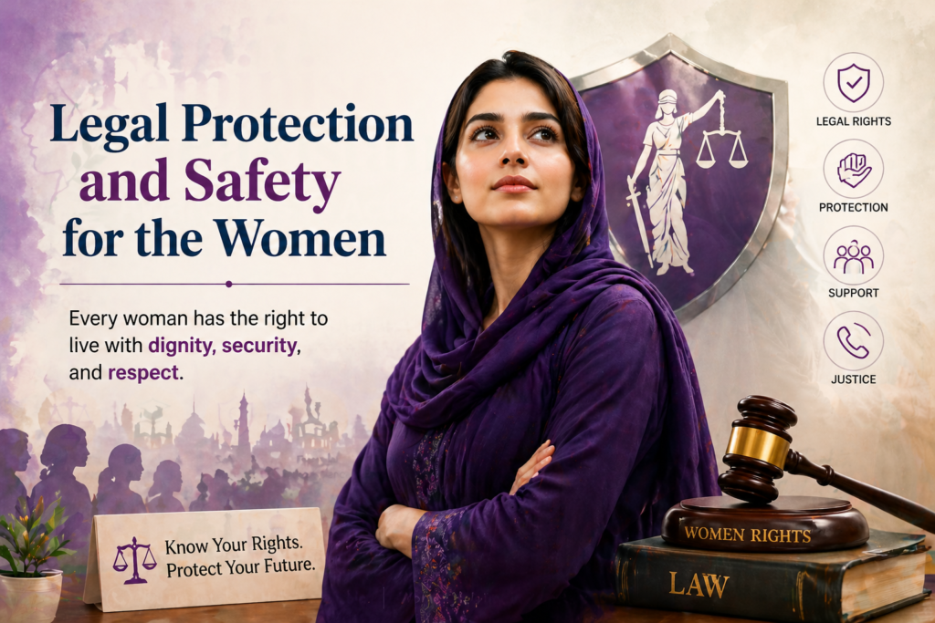 Empowering women in Pakistan with legal protection and safety. The banner highlights women's legal rights, protection, support, and justice, emphasizing the importance of dignity, security, and respect for women in the country.