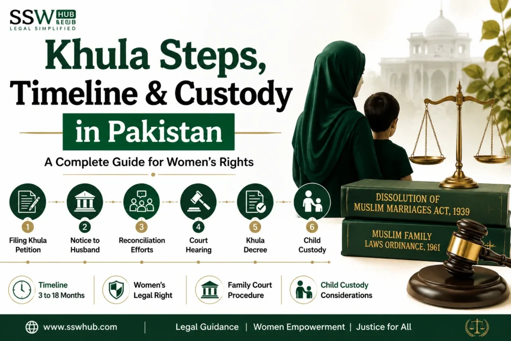 Khula process in Pakistan step-by-step guide showing legal procedure, court timeline, and child custody rules under Pakistani family law for women